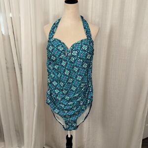 Spanx Love Your Assets One Piece Swimsuit Size‎ XL Turquoise Blue Medallion